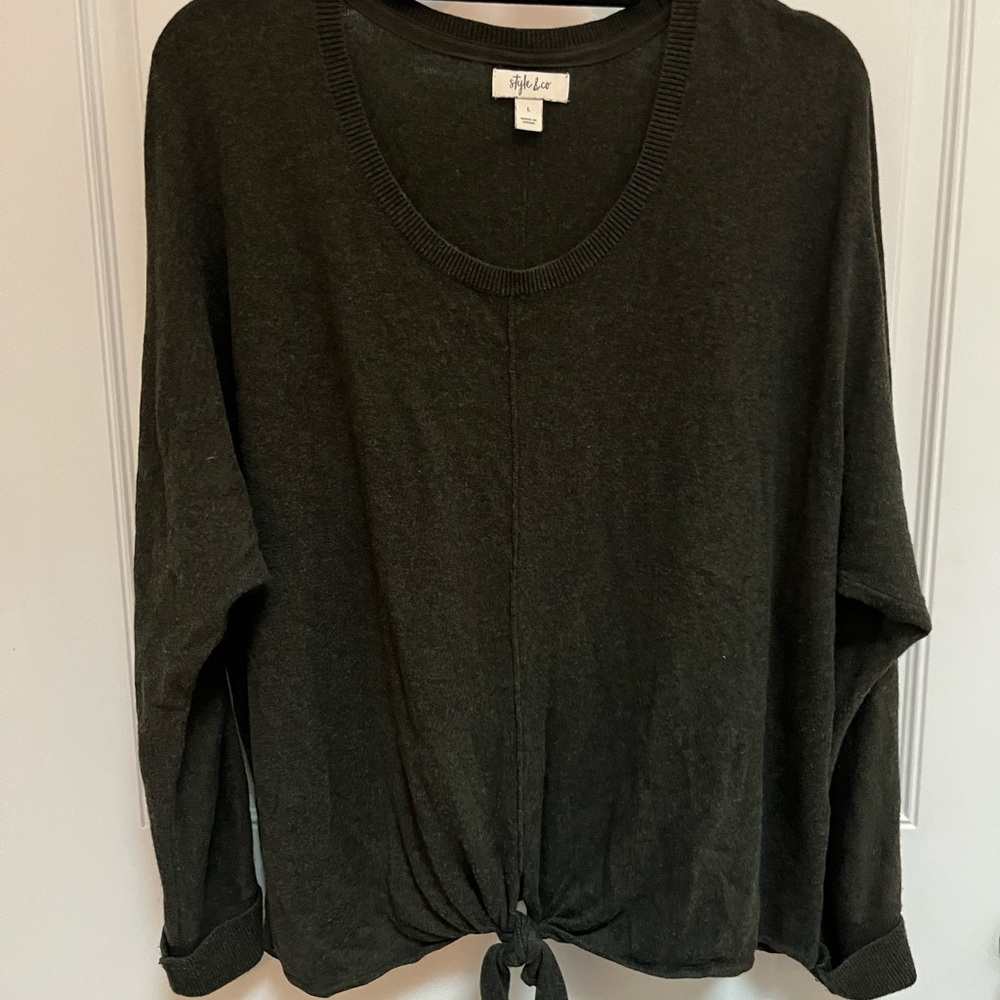 Style & Co dark‎ green tie front crewneck sweater lightweight size large